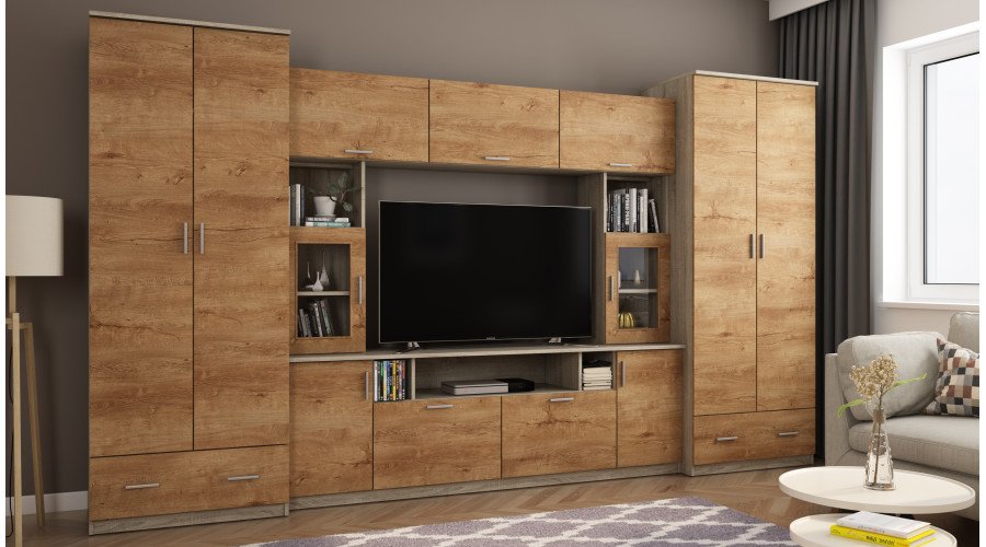 Wall cabinet with extensions, large cabinets and space for TV 370 × 210 cm Sonoma Jasna / Dąb Lefkas – TAIGA - Image 2