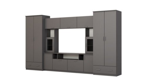 Wall cabinet with extensions, large cabinets and space for TV 370 × 210 cm, Szary Grafit – TAIGA