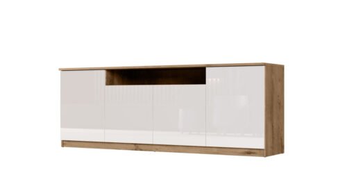Modern chest of drawers with TipOn system, 200 × 44 cm, Lefkas oak / glossy white – Luna