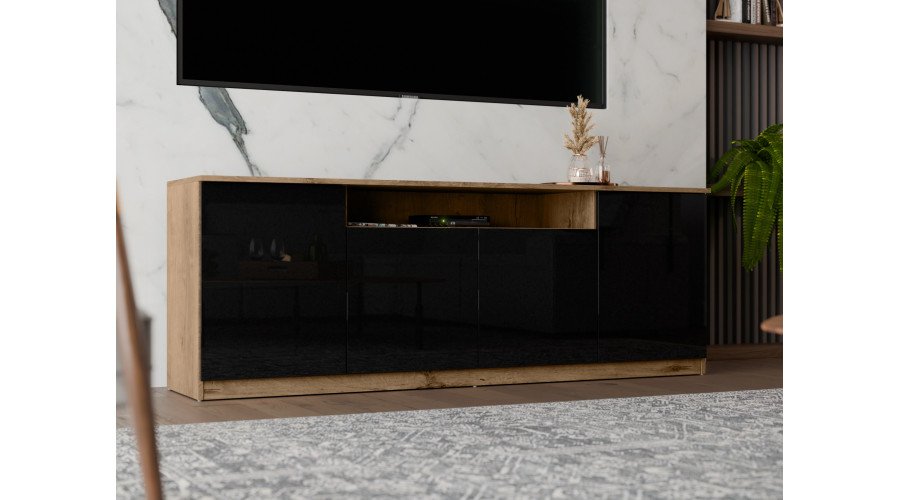 Modern chest of drawers with TipOn system, 200 × 44 cm, Lefkas oak / glossy black - Luna - Image 2