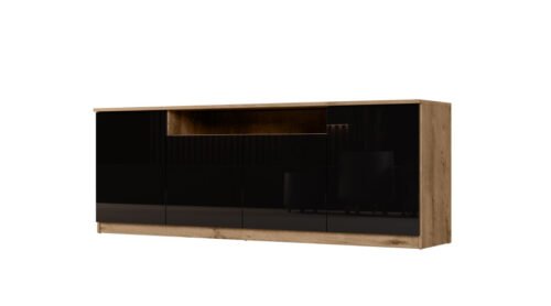 Modern chest of drawers with TipOn system, 200 × 44 cm, Lefkas oak / glossy black – Luna