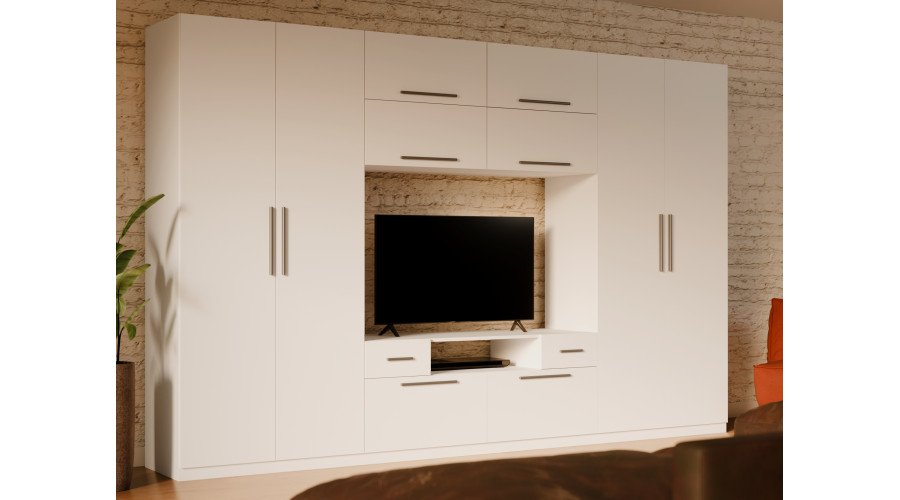 Modern wall cabinet with large cabinets, shelves, TV and drawers, 350 × 227 cm, Biel – SCANDI - Image 2