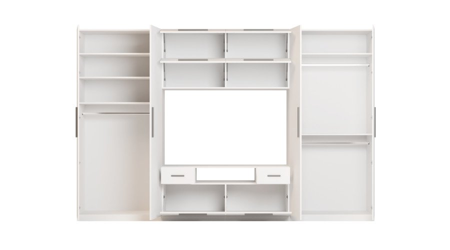 Modern wall cabinet with large cabinets, shelves, TV and drawers, 350 × 227 cm, Biel – SCANDI - Image 4