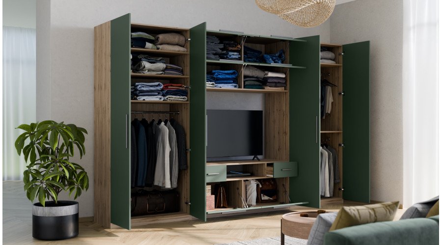 Modern wall cabinet with large cabinets, shelves, TV and drawers, 350 × 227 cm, Biel – SCANDI - Image 6