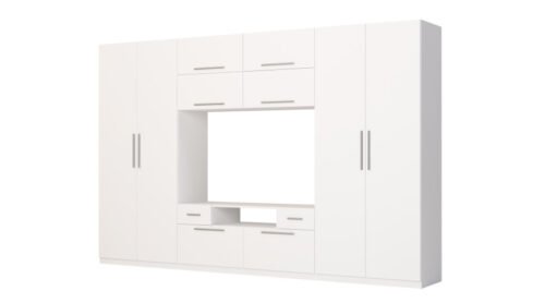 Modern wall cabinet with large cabinets, shelves, TV and drawers, 350 × 227 cm, Biel – SCANDI