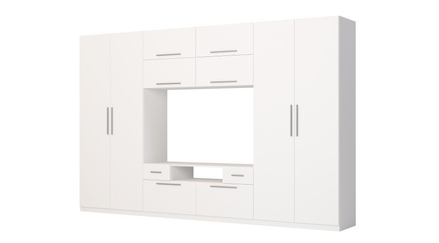 Modern wall cabinet with large cabinets, shelves, TV and drawers, 350 × 227 cm, Biel – SCANDI