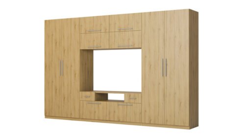 Modern wall cabinet with large cabinets, shelves, TV and drawers, 350 × 227 cm, Carpenter Whisky stain – SCANDI