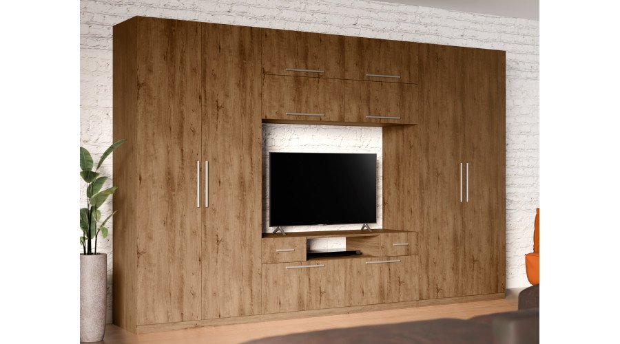 Modern wall cabinet with large cabinets, shelves, TV and drawers, 350 × 227 cm, Dab Lefkas – SCANDI - Image 2
