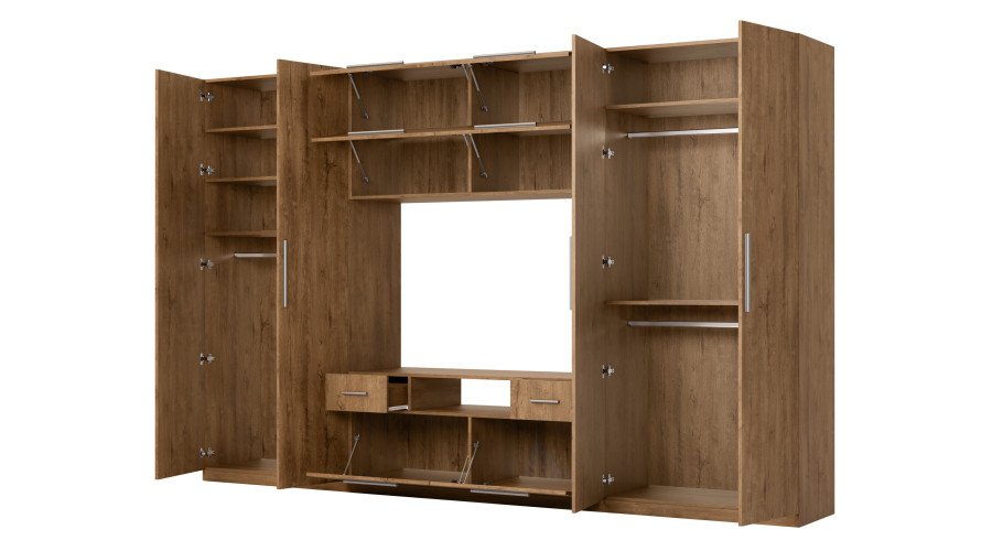Modern wall cabinet with large cabinets, shelves, TV and drawers, 350 × 227 cm, Dab Lefkas – SCANDI - Image 3