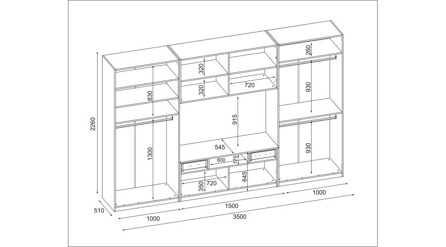Modern wall cabinet with large cabinets, shelves, TV and drawers, 350 × 227 cm, Dab Lefkas – SCANDI - Image 6