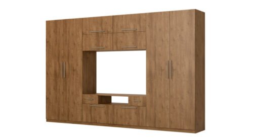 Modern wall cabinet with large cabinets, shelves, TV and drawers, 350 × 227 cm, Dab Lefkas – SCANDI