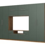 Modern wall cabinet with large cabinets, shelves, TV and drawers, 350 × 227 cm, Lefkas Oak / Bottle Green – SCANDI