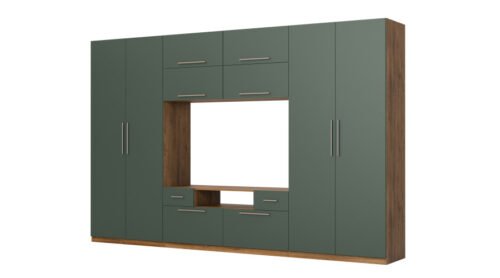 Modern wall cabinet with large cabinets, shelves, TV and drawers, 350 × 227 cm, Lefkas Oak / Bottle Green – SCANDI