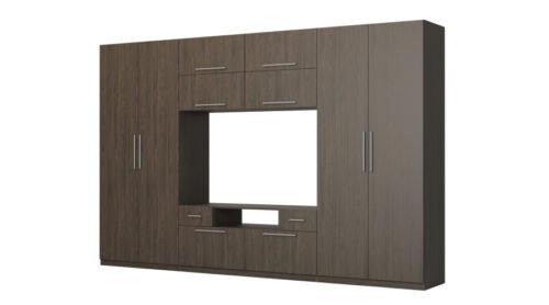 Modern wall cabinet with large cabinets, shelves, TV and drawers, 350 × 227 cm, Windmill Dark color – SCANDI