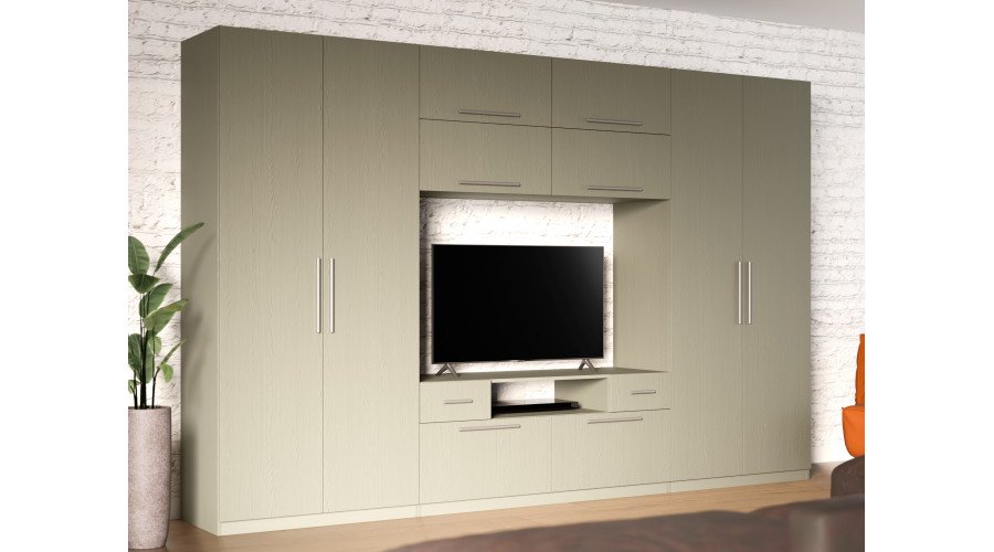 Modern wall cabinet with large cabinets, shelves, TV and drawers 350 × 227 cm Eucalyptus – SCANDI - Image 2