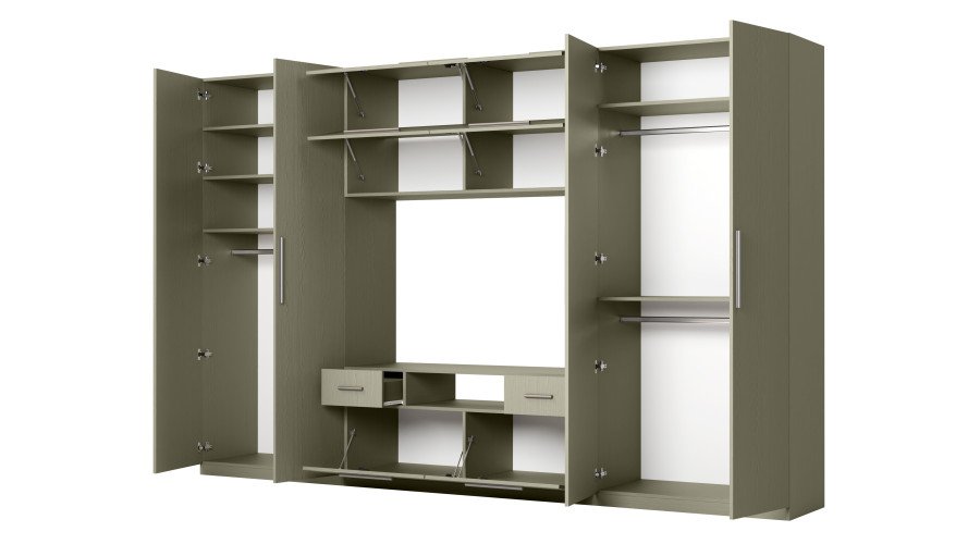 Modern wall cabinet with large cabinets, shelves, TV and drawers 350 × 227 cm Eucalyptus – SCANDI - Image 3