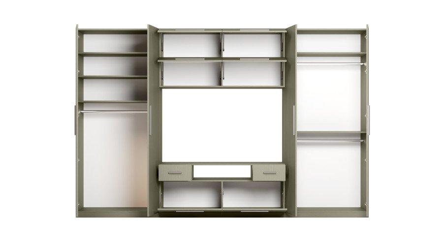 Modern wall cabinet with large cabinets, shelves, TV and drawers 350 × 227 cm Eucalyptus – SCANDI - Image 4