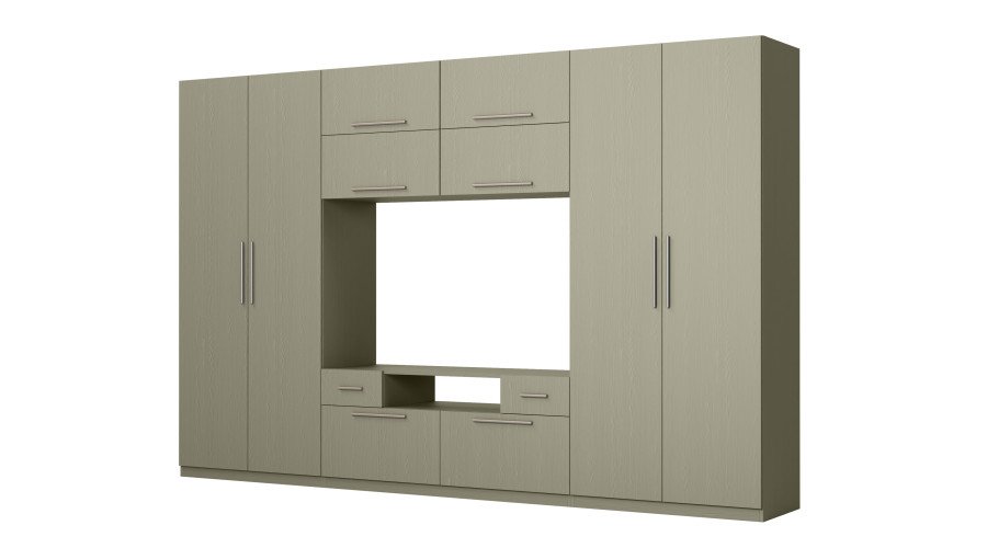 Modern wall cabinet with large cabinets, shelves, TV and drawers 350 × 227 cm Eucalyptus – SCANDI