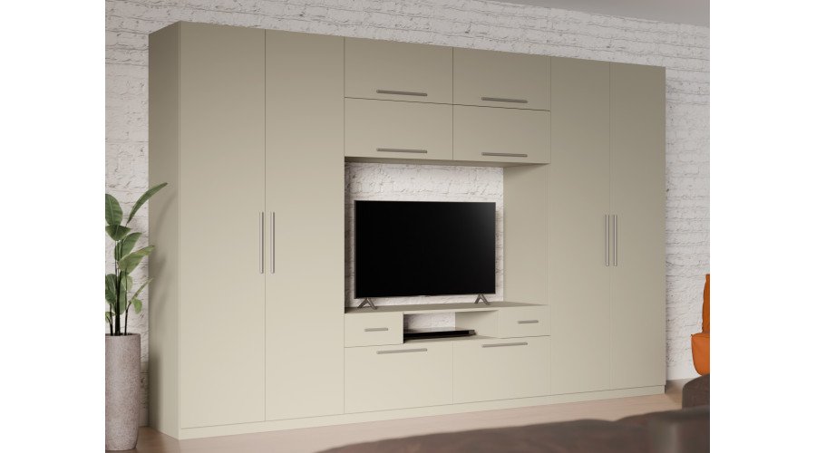 Modern wall cabinet with large cabinets, shelves, TV and drawers, 350 × 227 cm, Cashmere Beige – SCANDI - Image 2