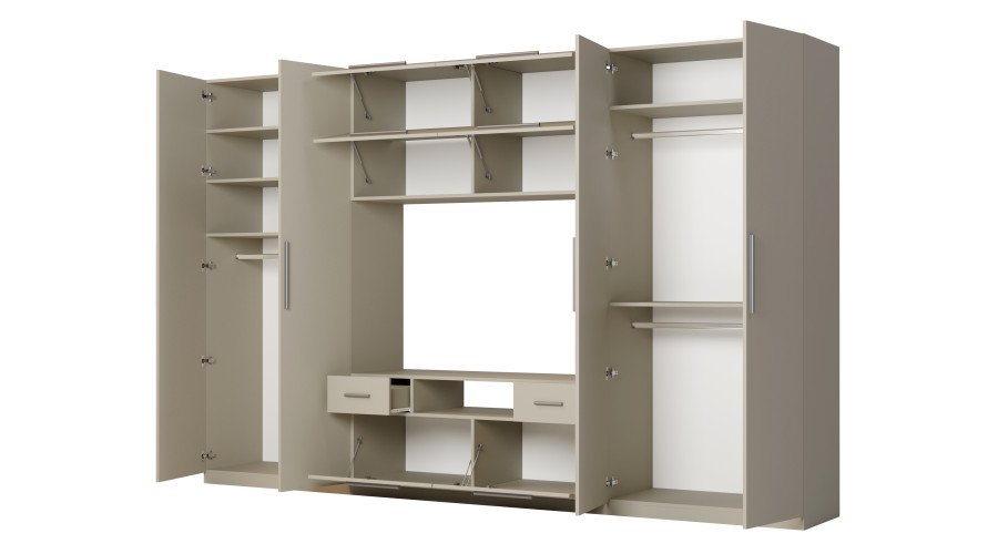 Modern wall cabinet with large cabinets, shelves, TV and drawers, 350 × 227 cm, Cashmere Beige – SCANDI - Image 3