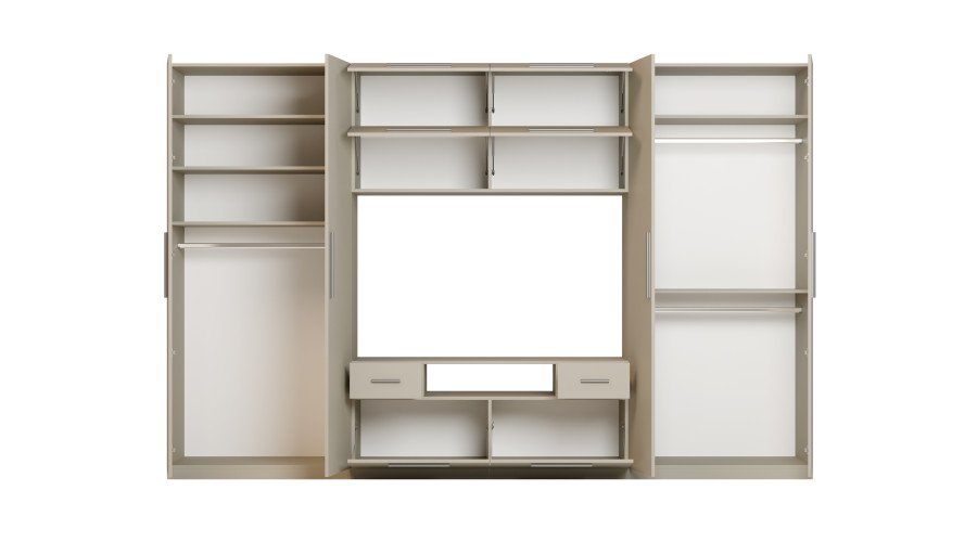 Modern wall cabinet with large cabinets, shelves, TV and drawers, 350 × 227 cm, Cashmere Beige – SCANDI - Image 4