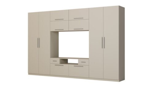 Modern wall cabinet with large cabinets, shelves, TV and drawers, 350 × 227 cm, Cashmere Beige – SCANDI