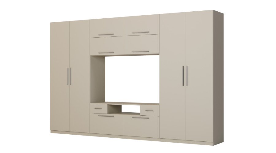 Modern wall cabinet with large cabinets, shelves, TV and drawers, 350 × 227 cm, Cashmere Beige – SCANDI