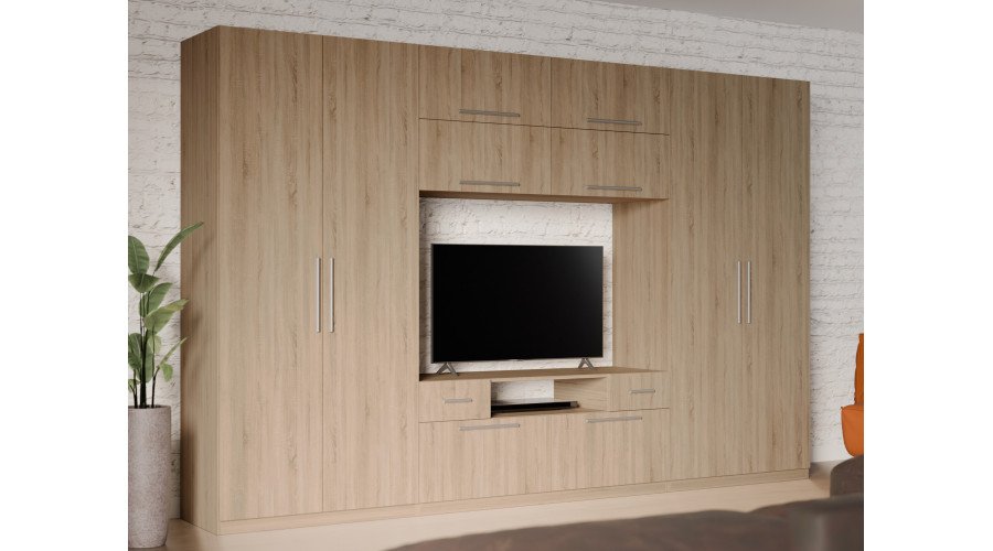 Modern wall cabinet with large cabinets, shelves, TV and drawers 350 × 227 cm Sonoma Jasna – SCANDI - Image 2