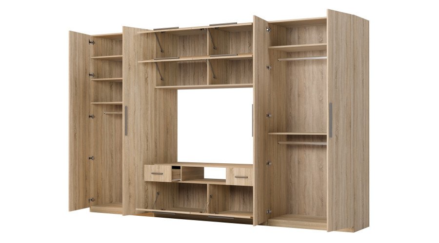 Modern wall cabinet with large cabinets, shelves, TV and drawers 350 × 227 cm Sonoma Jasna – SCANDI - Image 3