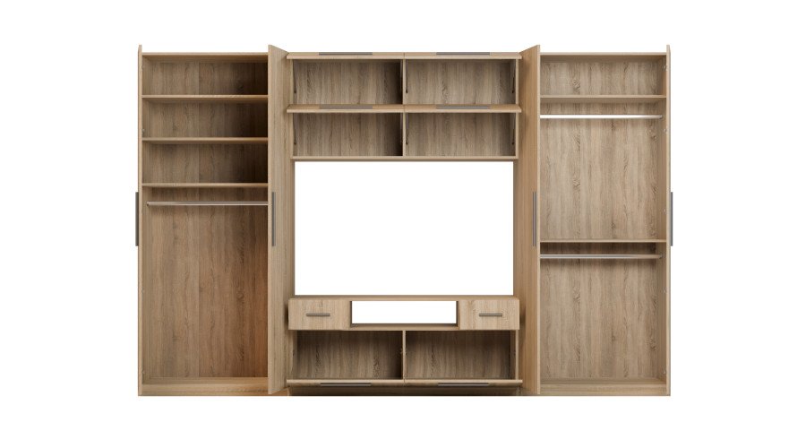 Modern wall cabinet with large cabinets, shelves, TV and drawers 350 × 227 cm Sonoma Jasna – SCANDI - Image 4