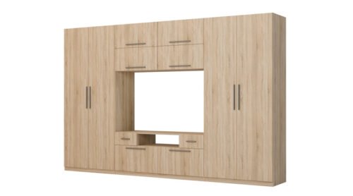 Modern wall cabinet with large cabinets, shelves, TV and drawers 350 × 227 cm Sonoma Jasna – SCANDI