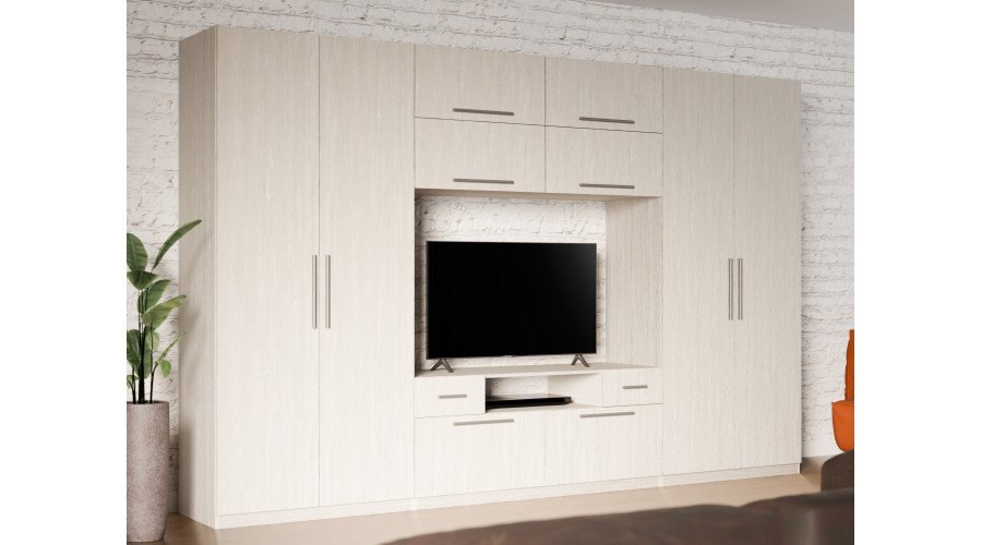 Modern wall cabinet with large cabinets, shelves, TV and drawers 350 × 227 cm, Anderson pine – SCANDI - Image 2