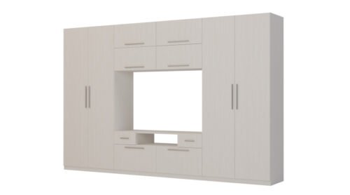 Modern wall cabinet with large cabinets, shelves, TV and drawers 350 × 227 cm, Anderson pine – SCANDI