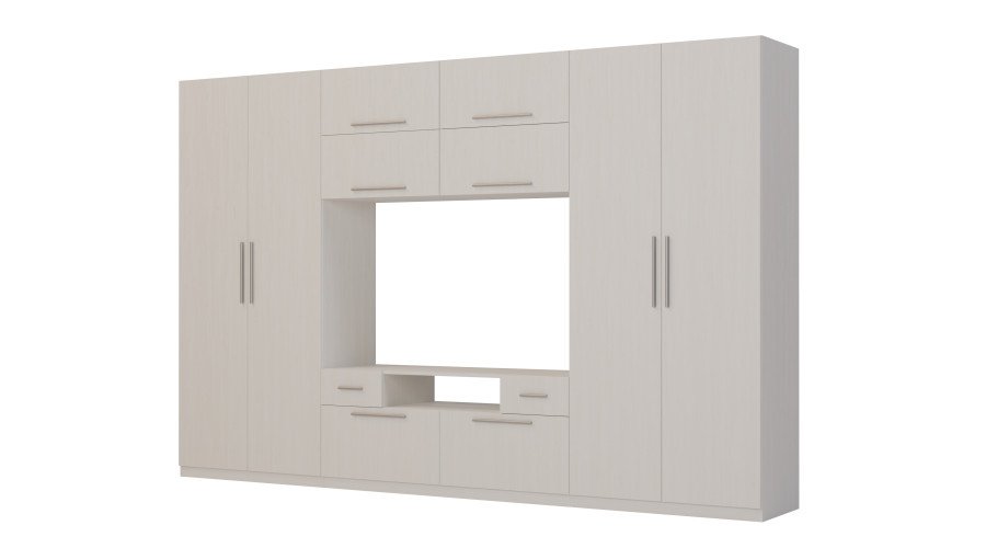 Modern wall cabinet with large cabinets, shelves, TV and drawers 350 × 227 cm, Anderson pine – SCANDI