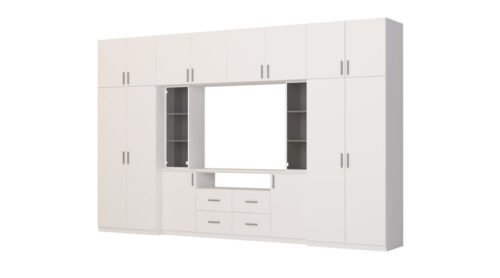 Modern wall cabinet with spacious cabinets and TV cabinet, 380 × 240 cm, Biel – NESTO