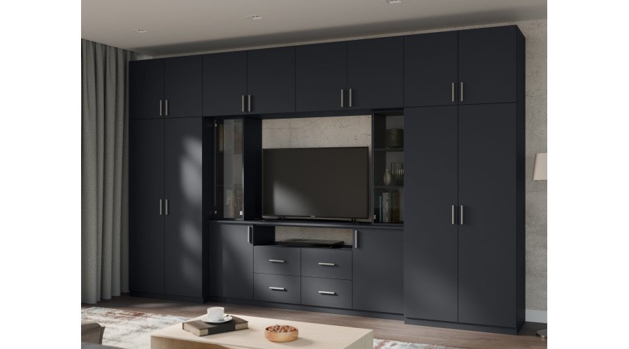 Modern wall cabinet with spacious cabinets and TV cabinet, 380 × 240 cm, Dark Blue – NESTO - Image 2