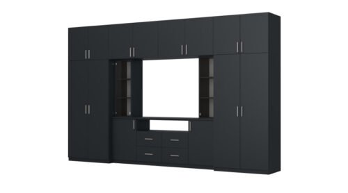 Modern wall cabinet with spacious cabinets and TV cabinet, 380 × 240 cm, Dark Blue – NESTO