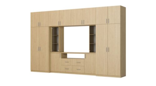 Modern wall cabinet with spacious cabinets and TV cabinet, 380 × 240 cm, Dąb Baltic Dune – NESTO