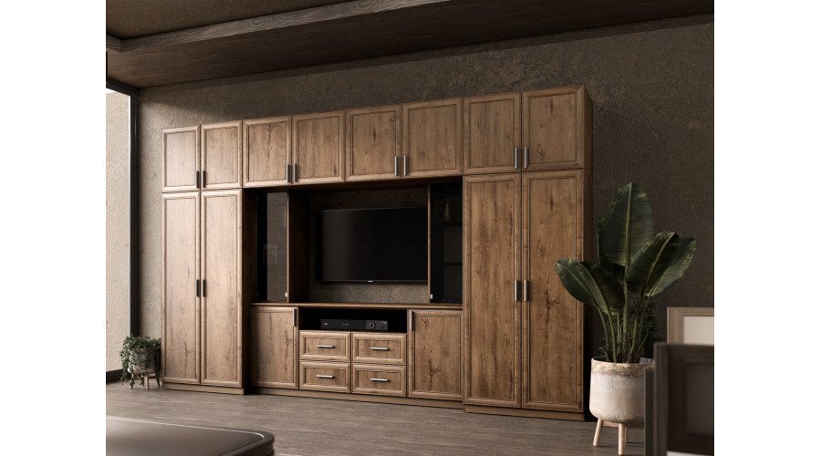 Modern wall cabinet with spacious cabinets and TV cabinet, 380 × 240 cm, Dab Lefkas – NESTO - Image 3