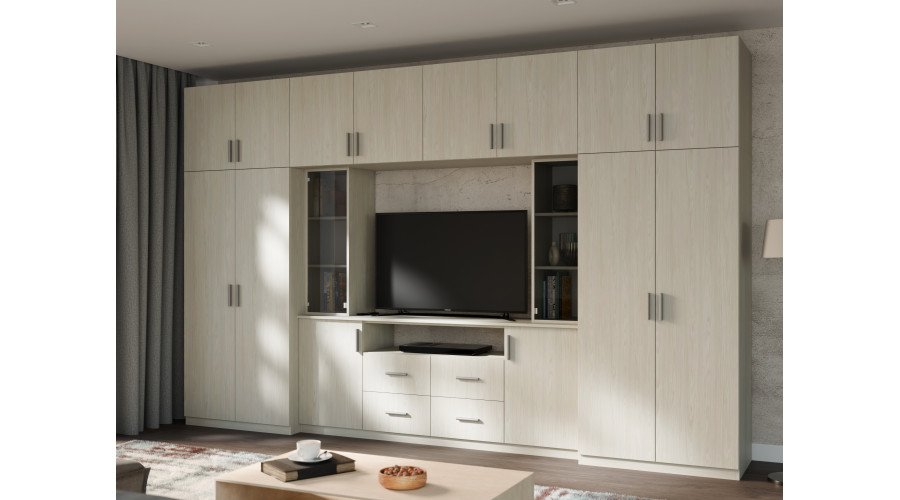 Modern wall cabinet with spacious cabinets and TV cabinet, 380 × 240 cm, Windmill Pale color – NESTO - Image 2