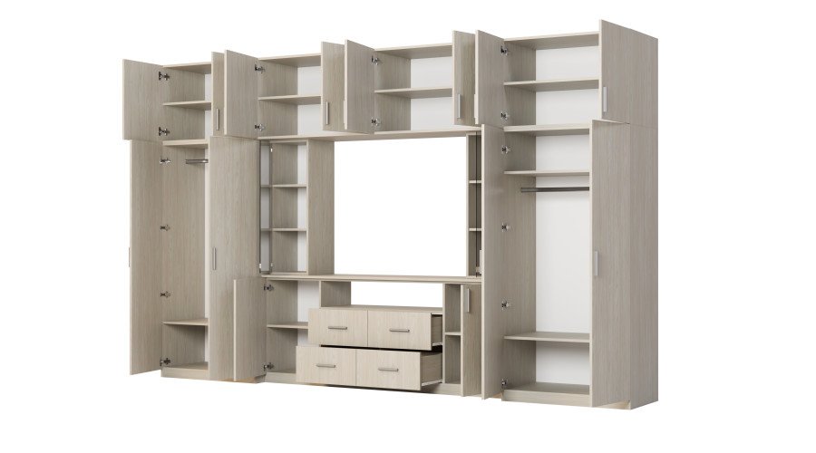 Modern wall cabinet with spacious cabinets and TV cabinet, 380 × 240 cm, Windmill Pale color – NESTO - Image 3