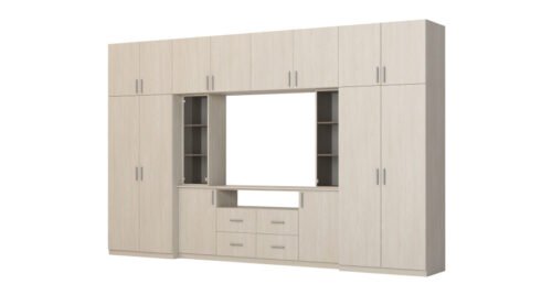 Modern wall cabinet with spacious cabinets and TV cabinet, 380 × 240 cm, Windmill Pale color – NESTO