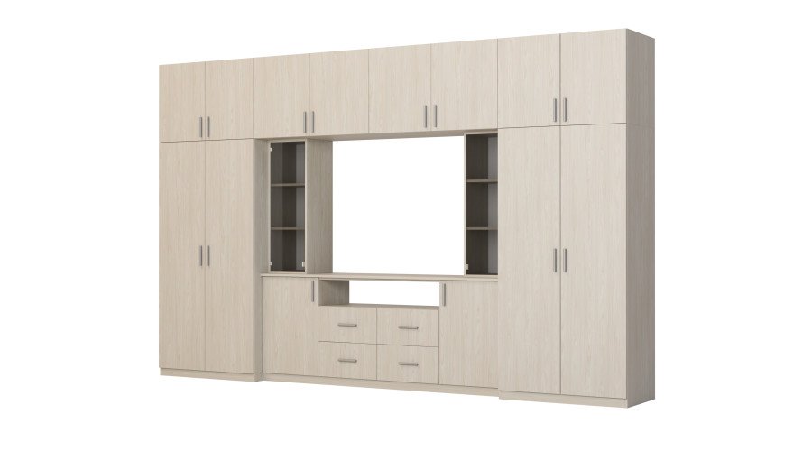 Modern wall cabinet with spacious cabinets and TV cabinet, 380 × 240 cm, Windmill Pale color – NESTO