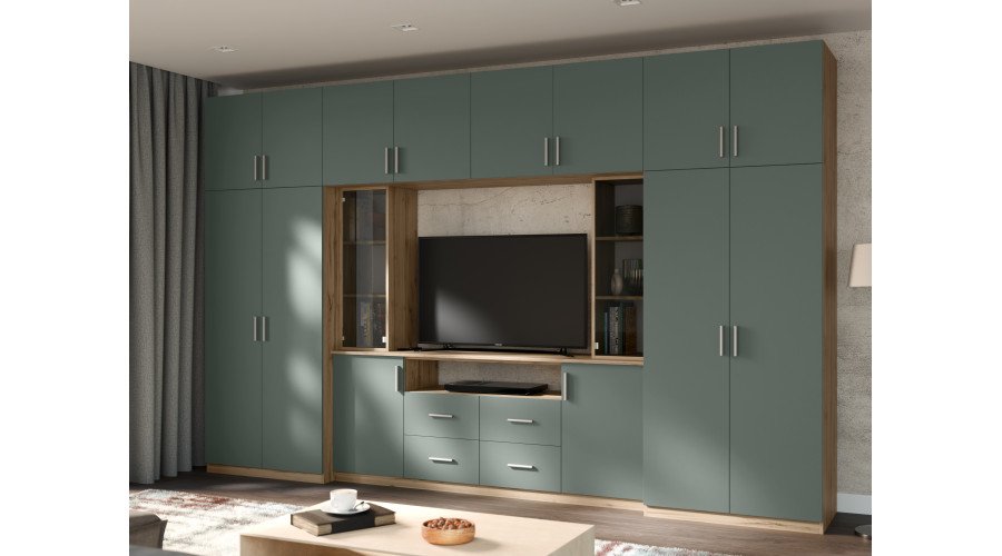 Modern wall cabinet with spacious cabinets and TV cabinet, 380 × 240 cm, Wotan Oak / Bottle Green – NESTO - Image 2