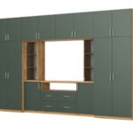 Modern wall cabinet with spacious cabinets and TV cabinet, 380 × 240 cm, Wotan Oak / Bottle Green – NESTO