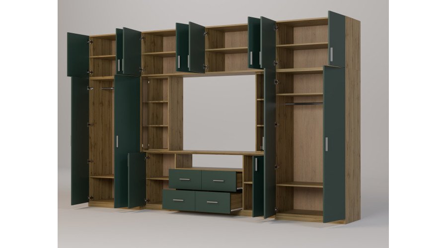 Modern wall cabinet with spacious cabinets and TV cabinet, 380 × 240 cm, Wotan Oak / Bottle Green – NESTO - Image 3