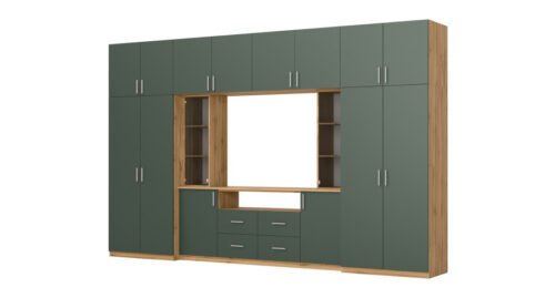 Modern wall cabinet with spacious cabinets and TV cabinet, 380 × 240 cm, Wotan Oak / Bottle Green – NESTO