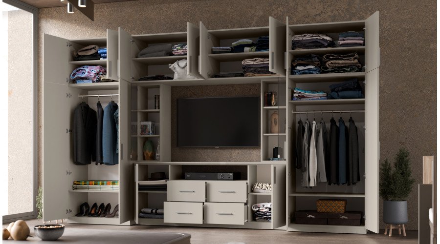Modern wall cabinet with spacious cabinets and TV cabinet, 380 × 240 cm, Wotan Oak / Bottle Green – NESTO - Image 7