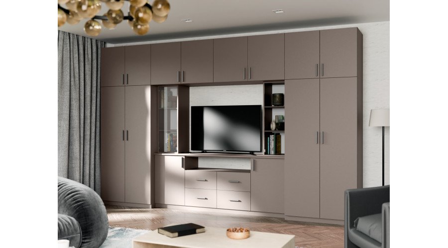 Modern wall cabinet with spacious cabinets and TV cabinet 380 × 240 cm Sepia – NESTO - Image 2
