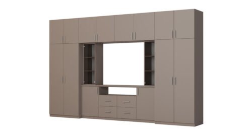 Modern wall cabinet with spacious cabinets and TV cabinet 380 × 240 cm Sepia – NESTO